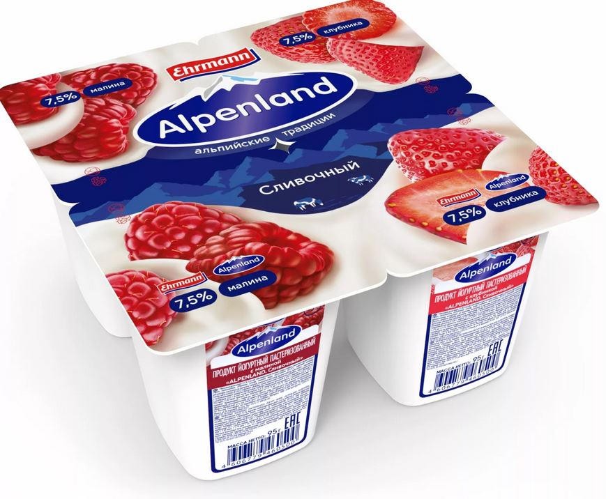 Йогурт Alpenland Малина/Клубника 7,5% квадр уп 95гр